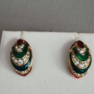 Vintage Gold Teardrop Enamel Earrings with Rhinestones